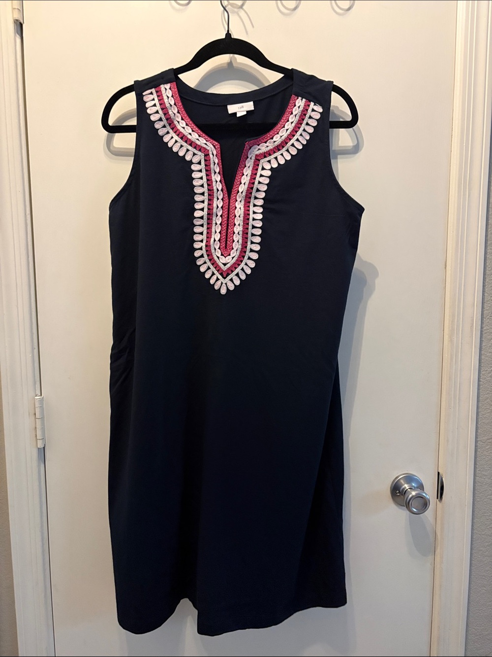 J. Jill Navy Sleeveless Midi Dress with Pink & White Embroidered Yoke SZ M